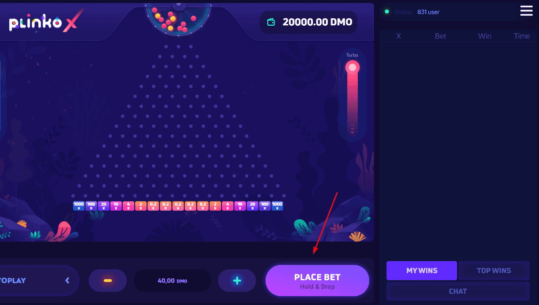 Step 3: Press "PLACE BET" and Start Plinko X Game