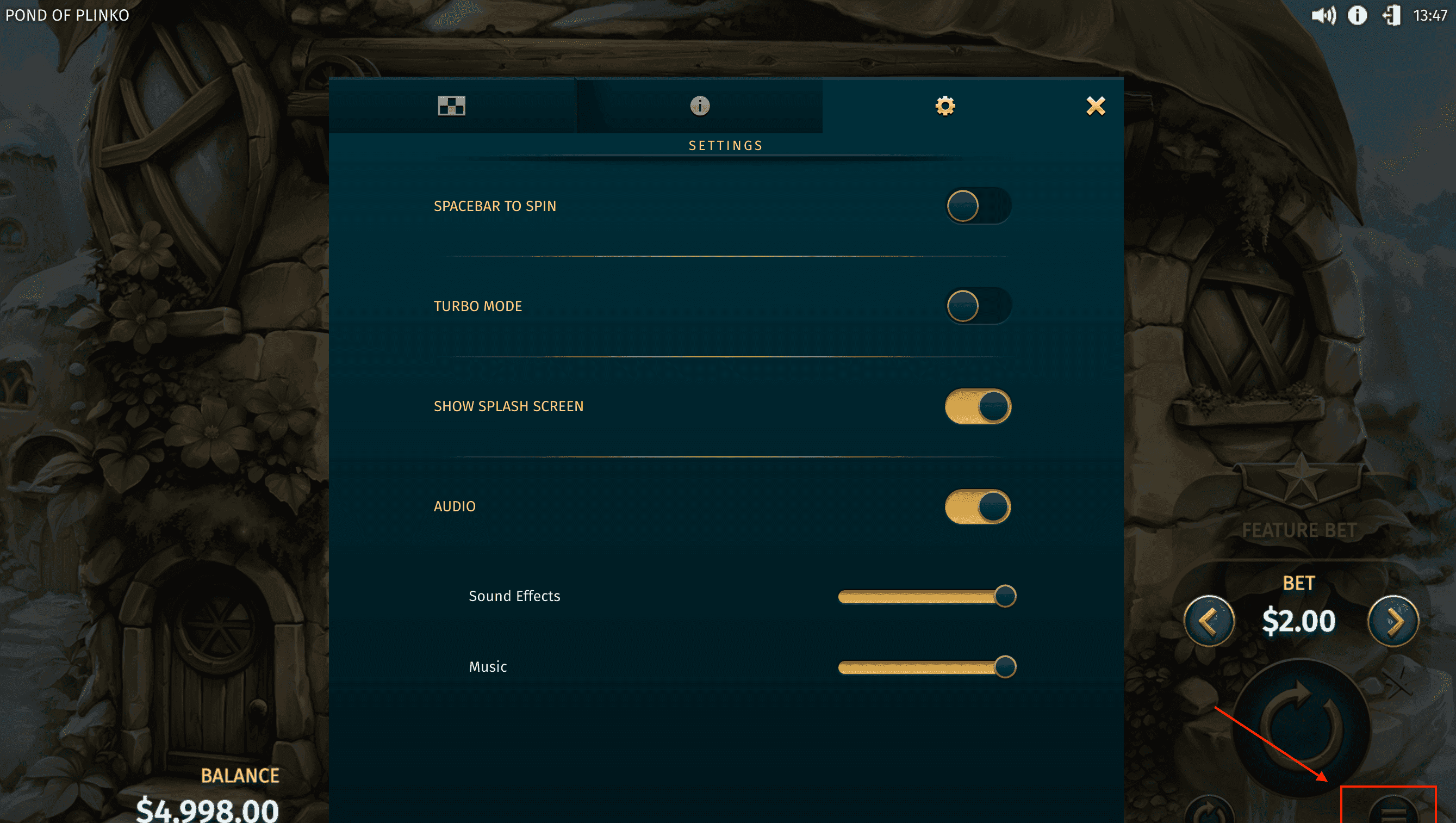 Step 4: Go to the “Settings” section and use the additional features of Pond of Plinko